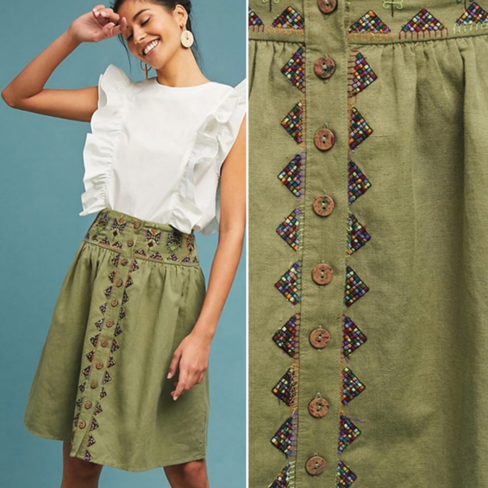 Maeve Anthropologie Embroidered Utility Skirt